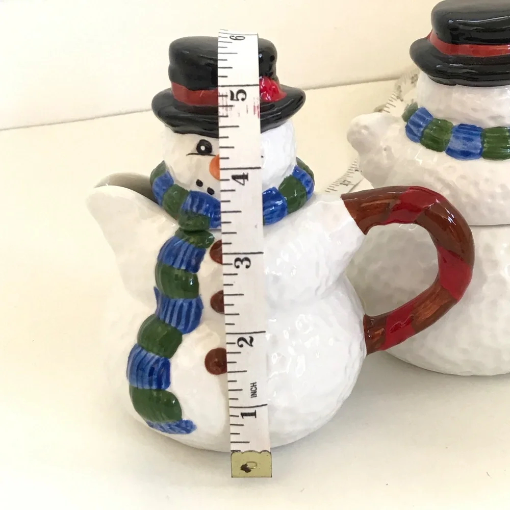 4 Piece Set Sugar Creamer Salt Pepper Holiday Winter Snowman Ceramic